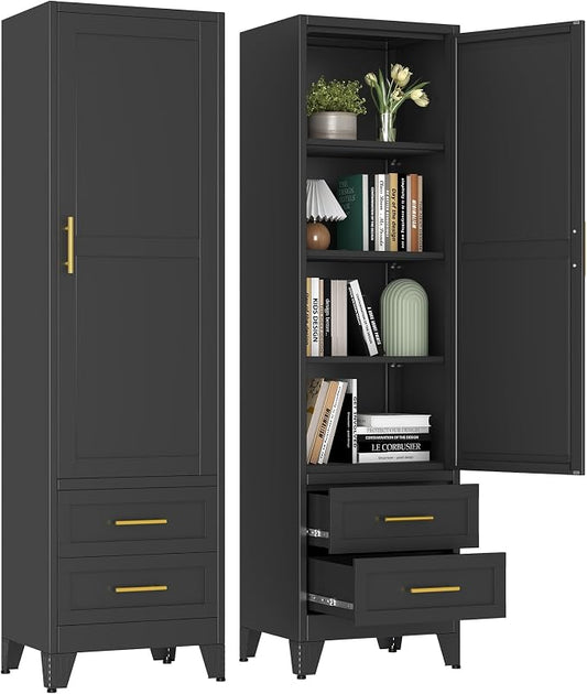 67" Tall Narrow Metal Storage Cabinet, Freestanding Pantry Organizer, Black | Slim Bathroom Cabinets with 2 Drawers & 3 Adjustable Shelves, Multi-Use Cupboard for Kitchen Office Living＆ Dining Room