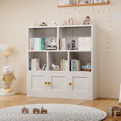 erosoei Kids Bookshelf and Toy Storage Organizer with 3 Cabinet and 5 Open Cubbies，Kids Toys Storage Organizer Shelf with Corner Guard，Multifunctional Floor Chest for Playroom and Kid's Room（White）