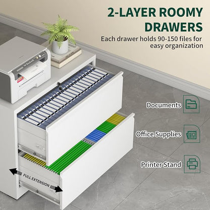 Lateral File Cabinet with Lock, Metal File Cabinets for Home Office Legal/Letter A4 Size, File Cabinet with 2 Drawer Storage Cabinet, Require Assembly, White
