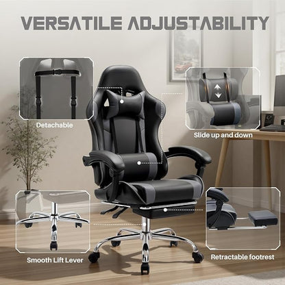 DUMOS Ergonomic Gaming Office Desk Chair with Footrest and Headrest for Adults, PU Leather Video Computer Chair with Linkage Armrests, Height Adjustable 360° Swivel Recling, Black Grey