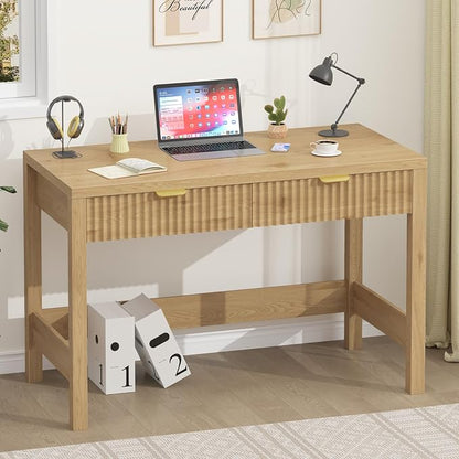 YOMILUVE Fluted Computer Desk with 2 Drawers, 39 Inch Small Computer Desk with Storage, Compact Writing Study Desk for Small Spaces