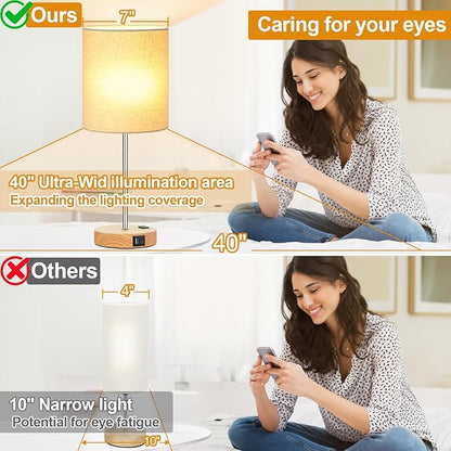 Lynnoland Set of 2 Touch Wood Table Lamps, Bedroom Lamps with 2 USB AC Outlet, 3-Way Dimmable Bedside Nightstand Lamps for Bedroom Living Room Nursery, 800 Lumens 2700K Bulbs Included