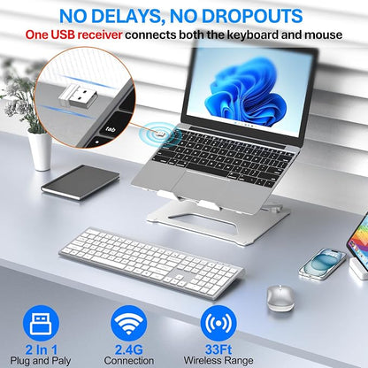 Wireless Keyboard and Mouse Combo, Full Size Keyboard and Mouse, Long Battery Life, Optical Mouse, 2.4G Lag-Free Cordless Mice Keyboard Set Ultra Slim Design for Computer, Laptop, PC, Mac (Silver)