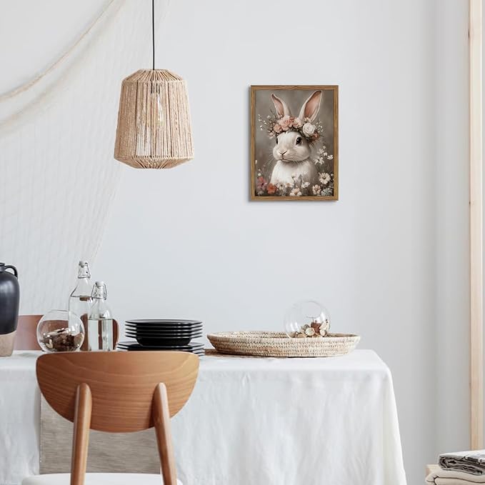 Framed Vintage Easter Bunny Wall Art, White Bunny with Flower Crown Canvas Prints, Cottage Farmhouse Animal Artwork, Rustic Easter Wall Decor for Kids Room Girls Bedroom Living Room 12x16in