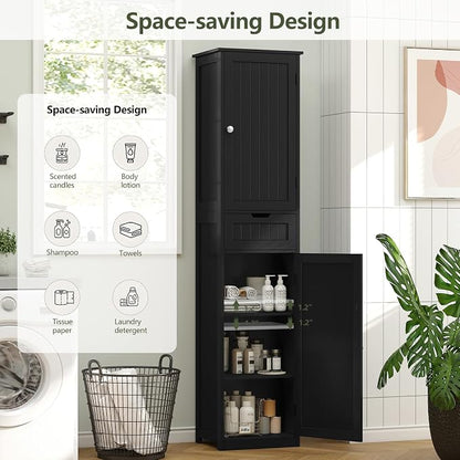 Iwell Tall Black Bathroom Cabinet with 2 Doors and 1 Drawer, Bathroom Storage Cabinet with Adjustable Shelves, Narrow Storage Unit for Living Room, Entryway, Kitchen, Black
