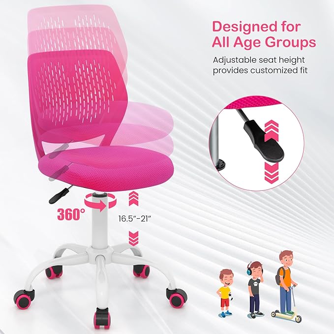 Giantex Kids Desk Chair, Adjustable Children Study Chair, Swivel Armless Mesh Task Office Chair, Computer Desk Chair with Adjustable Height & Lumbar Support, Rose