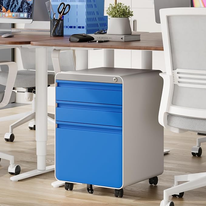 Dripex 3 Drawer Blue File Cabinet, Mobile Under Desk Storage File Cabinet with Lock on Wheels, Letter/Legal Size, Fully Assembled, Small Short Vertical Metal Rolling Filing Cabinets for Home Office