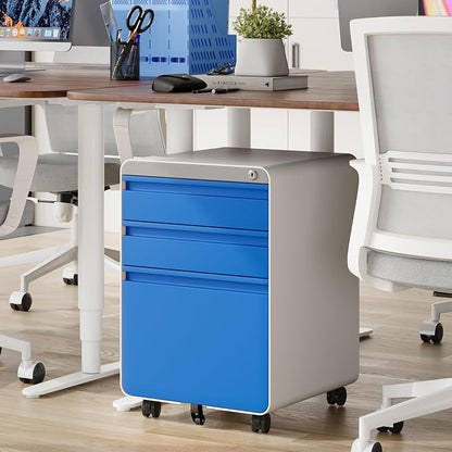 Dripex 3 Drawer Blue File Cabinet, Mobile Under Desk Storage File Cabinet with Lock on Wheels, Letter/Legal Size, Fully Assembled, Small Short Vertical Metal Rolling Filing Cabinets for Home Office