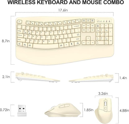 Wireless Keyboard and Mouse Combo, Ergonomic Wave Keys (Latte) | 2.4G Full Size Wave Keyboard with Wrist Rest, 3-Level DPI Adjustable Ergonomic Mouse for Windows and Mac OS Desktop/Laptop/PC