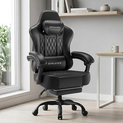 GTPLAYER Big and Tall Gaming Chair with Footrest, Ergonomic Office Desk Chair with 4.4in Thick Cushion and Wide Wingless Seat, Comfortable Leather Computer Chair, Predator Series, Satin Black