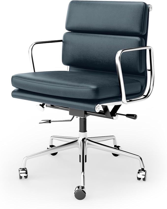 Mid-Back Genuine Leather Office Chair, Padded Executive Desk Chair with Aluminum Arms and Base, Swivel Wheels with Lumbar Support & Tilting Function, Hight Adjustable, Silent Weheels, Dark Blue