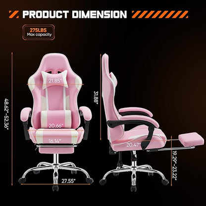 Sweetcrispy Video Game Desk Chair, Ergonomic High Back PU Leather Computer Gaming Chair with Headrest & Linkage Armrest, Height Adjustable with 360° Swivel, for Adults, Pink