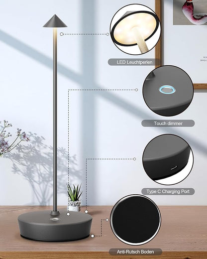 Cordless Table Lamps Rechargeable, 6000mAh Battery Operated LED Desk Lamp Outdoor Waterproof Portable Touch Dimmable Table Light for Patio Restaurant Dining Home Set of 2 Grey