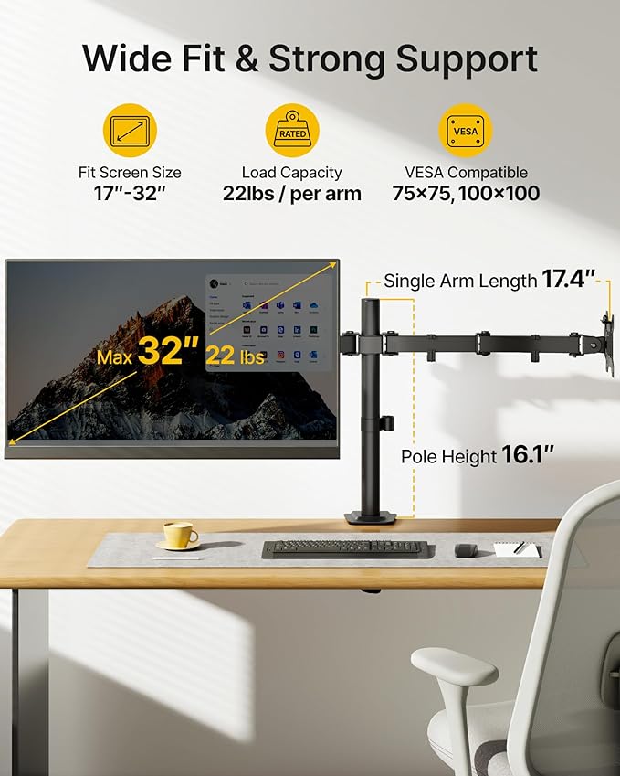 monTEK Heavy Duty Dual Monitor Stand for 17 to 32 Inch Screens, Adjustable Desk Mount Supports 22 lbs Each, Clamp and Grommet Base, VESA 75x75/100x100