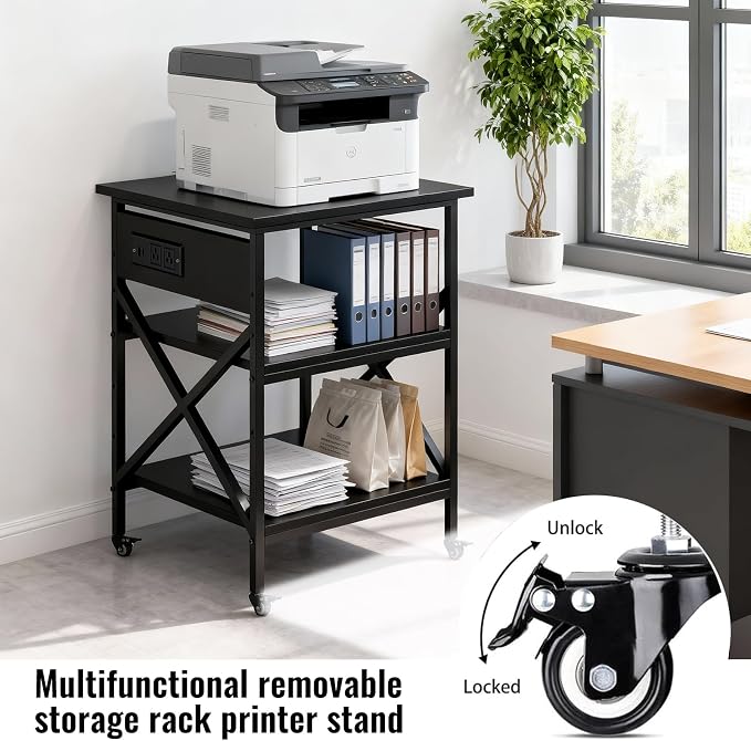 Black 3 Tier Mobile Printer Stand Large Rolling Storage Cart | Built in power outlet ample storage space locking casters overall size 23.6 x 23.6 x 30 inches for home office organization