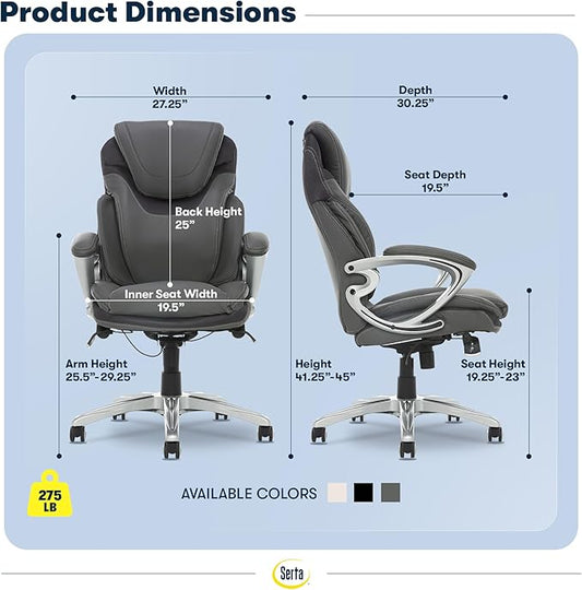 Serta Bryce Executive Office Chair - Ergonomic Computer Desk Chair with Patented AIR Lumbar Technology - Adjustable Height - Memory Foam Body Pillows - 360° Swivel Rolling Base - Bonded Leather - Gray