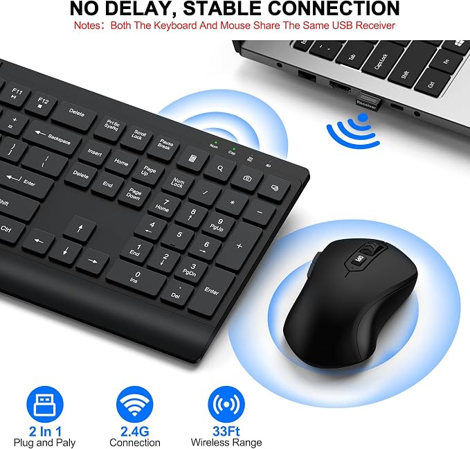 Wireless Keyboard and Mouse Combo, Full Size Quiet Key Computer Keyboard and Cordless Mice with 3 DPI Adjustable, 2.4G Lag-Free, Long Battery Life, Compatible with Windows and Mac Systems, Black