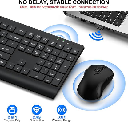 Wireless Keyboard and Mouse Combo, Full Size Quiet Key Computer Keyboard and Cordless Mice with 3 DPI Adjustable, 2.4G Lag-Free, Long Battery Life, Compatible with Windows and Mac Systems, Black