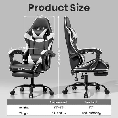 Gaming Chair, Ergonomic Computer Chair with Footrest and Lumbar Support, Height Adjustable Office Chair with 360° Swivel Seat and Headrest (Black & White)