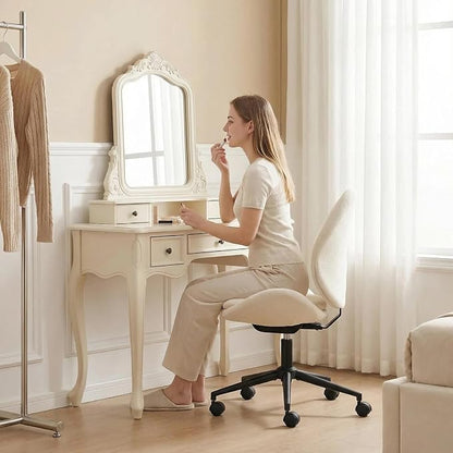 Furniliving Chenille Armless Desk Chair with Wheels, Upholstered Home Office Chair with Double-Layer Cushion, Adjustable Swivel Computer Vanity Chair with Rocking Back, White