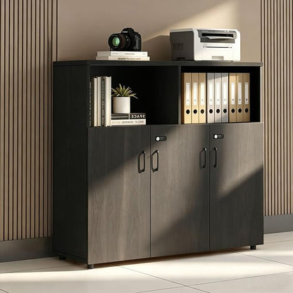 File Cabinet with Password Lock, Wood Lateral Filing Cabinet for Letter/A4 Files, 3 Drawer with Door, Printer Stand with Open Shelves for Home Office