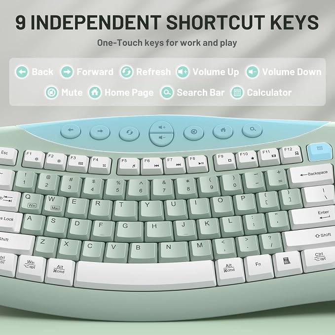 Wireless Keyboard and Mouse Combo,2.4G Full Size Ergonomic Curved Silent Keyboard with Fn Multimedia Keys for Office and Home, 3-DPI Quiet Mouse for Windows,Mac OS Desktop/Laptop/PC(Avocado Green-A)