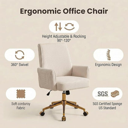 Stripes Velvet Home Office Desk Chair, Accent Upholstered Modern Height Adjustable Swivel Chair with Wheels,Ergonomic Task Chair for Living Room,Bedroom,Vanity,Study,Office（Cream）