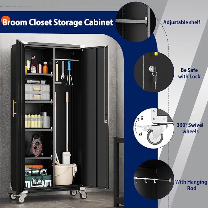 erosoei 71" Broom Storage Cabinet, Cleaning Tool Storage Cabinet, Garage Utility Storage with Hooks and Hanging Rods, Heavy Duty Garden Tool Organizer, for Home, Garage, Laundry Room, Gym, Workshop.