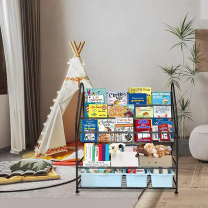 aboxoo Metal Kids Bookshelf Black Large Freestanding for Children Room 32 in Toy Organizer Large Stable Bookcase Bookstore Library Book Unit Storage Kids Bed Living Room