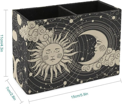 Niapessel Pencil Holder for Desk, Abstruse Astrology Sun Moon Pen Holder Storage Desktop Pen Organizer Desk Pencil Organizer Makeup Brush Holder for Office School College Leather