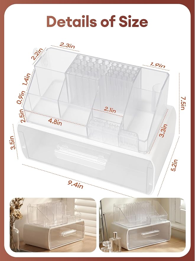 LIARTY Nail Drill Holder with Drawer - Makeup Organizer Case for Brush | Acrylic Nail Drill Bits Holder Beauty Cosmetic Storage Box for Dresser Countertop and Bathroom Vanity