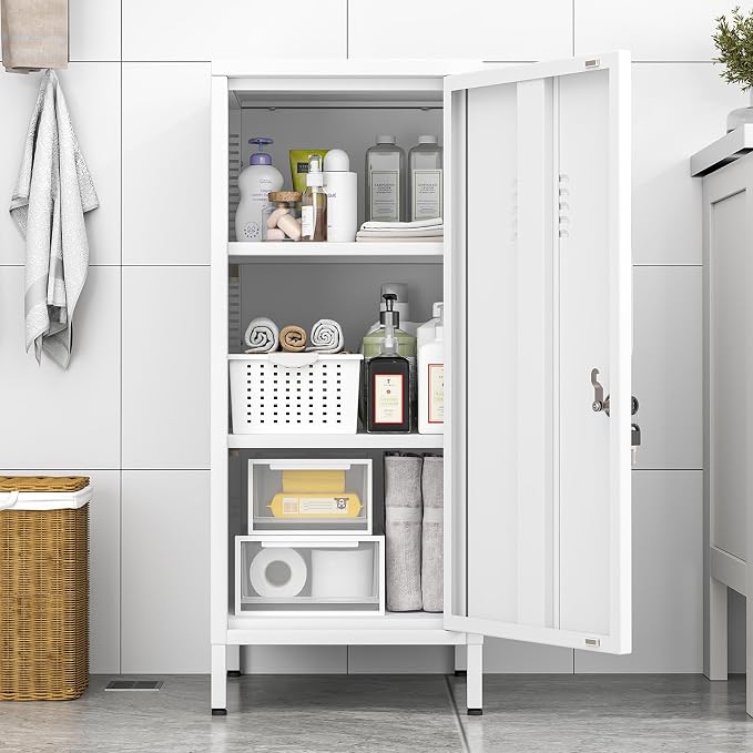 Metal Locker Cabinet, 35.4" H Home Office Storage Lockers, Vertical Steel Storage Cabinet with Locking Door and 2 Adjustable Shelves, Garage Tool File Cabinets for Home Office,Garage,Bathroom,White