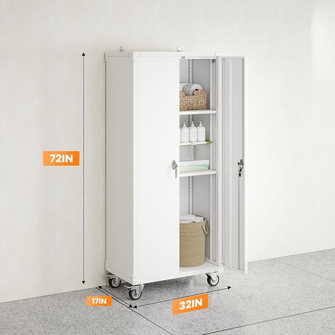 DUMOS Tall Metal Garage Storage Cabinet with Wheels and Adjustable Shelves, 72" Rolling Steel Tool Cabinet with 2 Lockable Doors for Garage, Home, Office, Gym, White