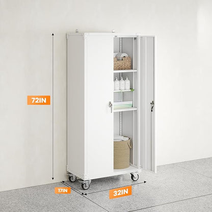 DUMOS Tall Metal Garage Storage Cabinet with Wheels and Adjustable Shelves, 72" Rolling Steel Tool Cabinet with 2 Lockable Doors for Garage, Home, Office, Gym, White