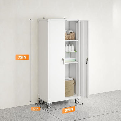 DUMOS 72" Metal Garage Storage Cabinet with Wheels, Tall Rolling Steel Tool Organizer with Adjustable Shelves and Locking Doors, Lockable File Cabinet for Garage, Home, Office, Warehouse, White