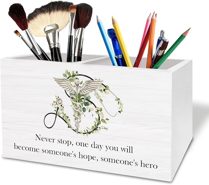 Inspirational Nurse Pen Holder for Desk, Never Stop Positive Medical Wooden Box Sign Desk Decor for Nursing Office School Decoration, Nurse Appreciation Gifts Pencil Organizer