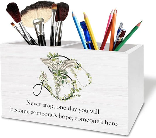 Inspirational Nurse Pen Holder for Desk, Never Stop Positive Medical Wooden Box Sign Desk Decor for Nursing Office School Decoration, Nurse Appreciation Gifts Pencil Organizer