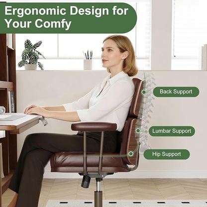 Mid-Century Modern Ergonomic Office Chair,Mid Back Faux Leather Executive Desk Chair with Walnut Bentwood,Tufted Adjustable Swivel Computer Chair for Home Office,Brown