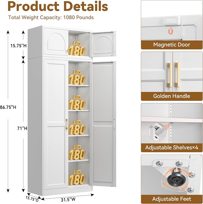 Polup Kitchen Pantry Cabinet, 86 Inch Tall Metal Storage Cabinet, Food Pantry cabinets with Doors and Shelves, White Storage Cabinets for Living, Dining, Office, Bathroom, Garage, Assembly Required