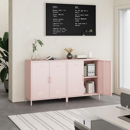 Steehoom Metal Storage Cabinet with 2 Door and Shelves, Metal Pink Locker Cabinet Console Table for School, Pantry, Dining Room, Office, Garage (Pink, H35.43'')