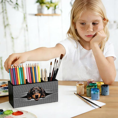 Funny Dachshund Pen Pencil Holder for Desk, Dachshund Gifts for Women Men, Weiner Dog Gifts, Dog Office Decor Wooden Box Sign Decorations for Home Office Bedroom Desk Tabletop