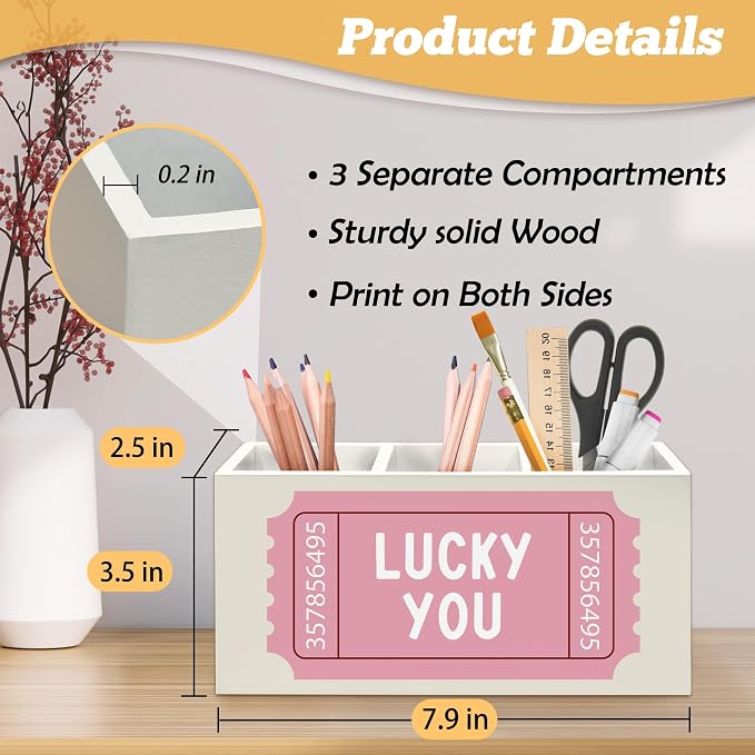 Pink Inspirational Pen Holder Organizer for Desk Accessories, Inspirational Gifts for Women, Retro Trendy Lucky You Motivational Wooden Box Sign Desk Decorations for Girls Office Room Decor