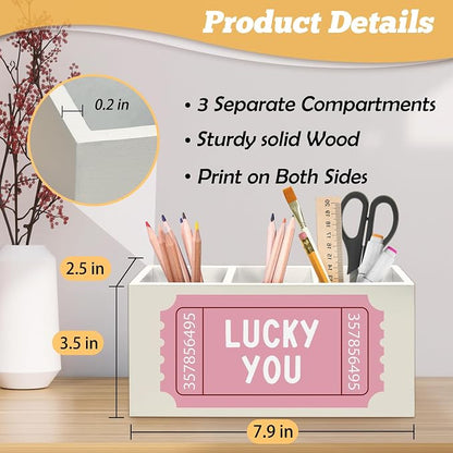Pink Inspirational Pen Holder Organizer for Desk Accessories, Inspirational Gifts for Women, Retro Trendy Lucky You Motivational Wooden Box Sign Desk Decorations for Girls Office Room Decor