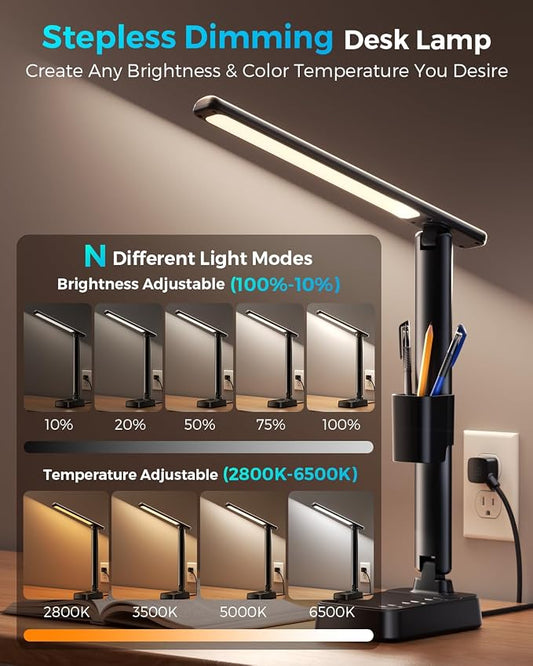 LED Desk Lamp with Power Strip, 3 AC Outlets & 4 USB Ports (2 USB-C), Stepless Dimming & 2800K-6500K Eye-Caring Desk Light, Foldable Table Lamp for Home Office, Dorm Room Essentials(10FT)