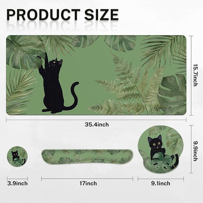 Britimes Sage Olive Green Leaves Keyboard Mouse Pad Set Funny Cute Cat 4in1 Large Mousepad+Keyboard Wrist Rest+Mouse Wrist Rest+Coaster Ergonomic Design for Home Office Computer 35.4x15.7 inches