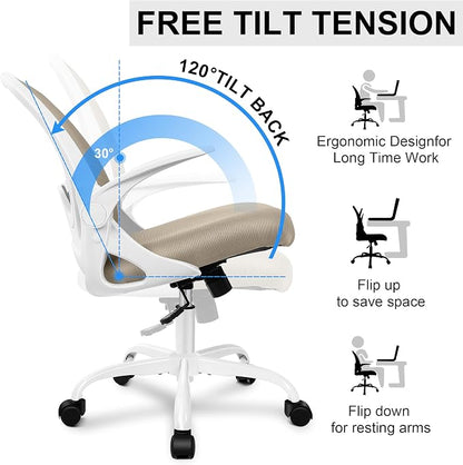 Primy Office Chair Ergonomic Desk Chair with Flip up Armrests Swivel Breathable Desk Mesh Computer Chair with Adjustable Lumbar Support and Height for Conference Room (Khaki)