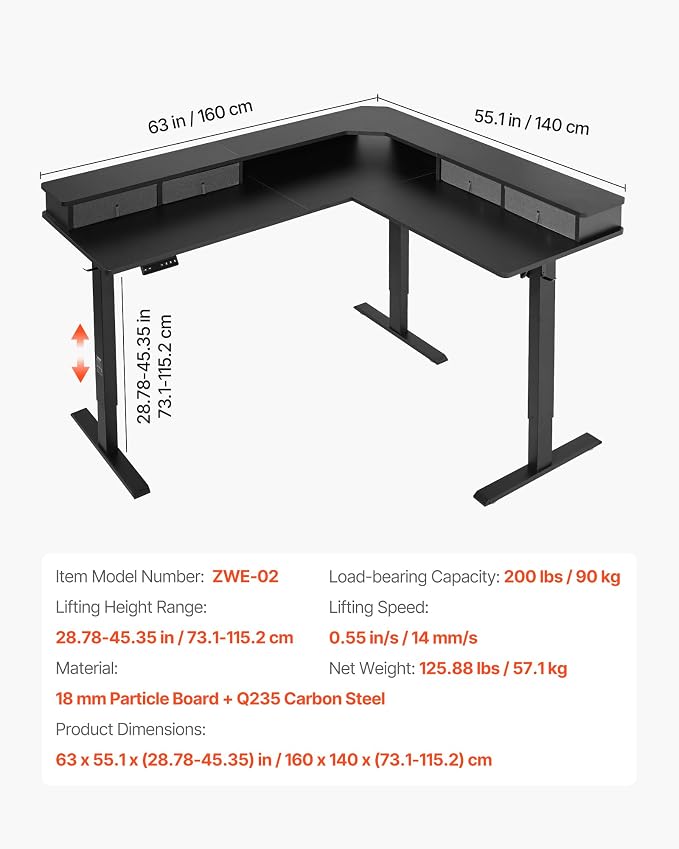 VEVOR 63'' Electric L Shaped Standing Desk, 3 Memory Height, 2-Tier Corner Table with 4 Drawers Storage, 2 Hooks & Cable Hole, Heavy Duty Carbon Steel Sit Stand Computer Workstation, Easy to Assemble