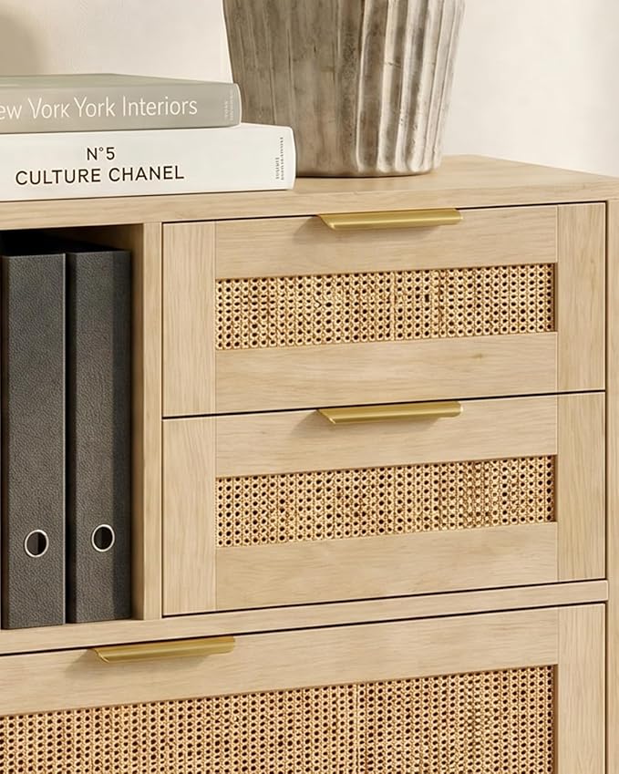 Lateral File Cabinets for Home Office, 3 Drawer and 3 Open Shevles Filing Cabinet with Lock, Wide Rattan Filing Organization Storage Cabinets with Printer Stand for Hanging Files/Letter, Natural Wood