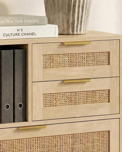 Lateral File Cabinets for Home Office, 3 Drawer and 3 Open Shevles Filing Cabinet with Lock, Wide Rattan Filing Organization Storage Cabinets with Printer Stand for Hanging Files/Letter, Natural Wood