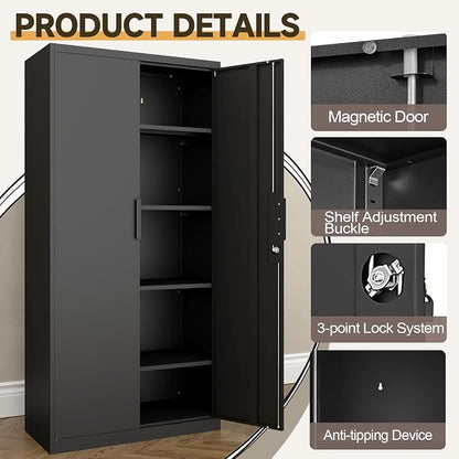 GREATMEET Metal Garage Storage Cabinets, 72" Tall Locking Cabinets with Doors and Shelves, Utility Cabinet with Lock for Garage, Home, Black
